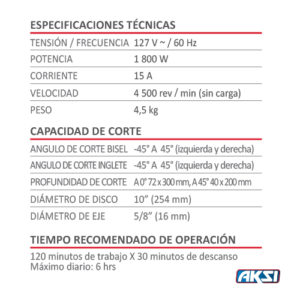 Sierra de Inglete Ingleteadora AKSI Deslizante de 10″ 1800W con Laser 197202 doble bisel industrial