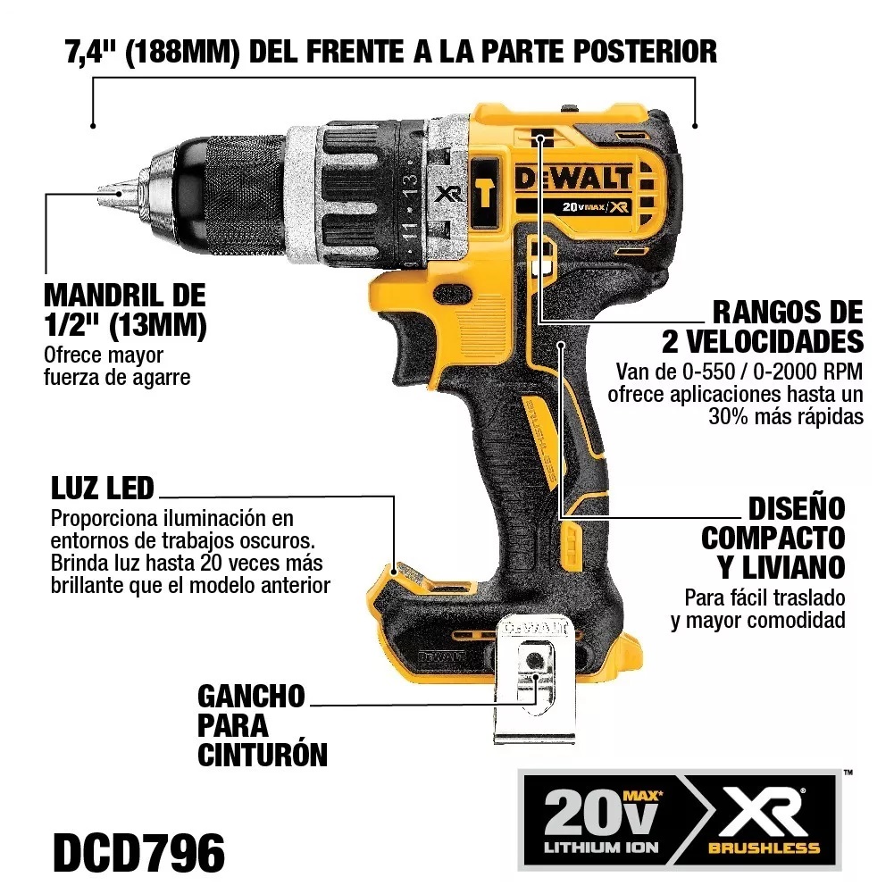 Barreno Percutor Atornillador de Impacto DEWALT Inalámbrico 20V Max XR COMBO DCK287D2 2 Barreno Percutor Atornillador de Impacto DEWALT Inalámbrico 20V Max XR COMBO DCK287D2 - Imagen 2