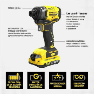 01 ATORNILLADOR DE IMPACTO stanley 20V brushless combo SBI810D2K