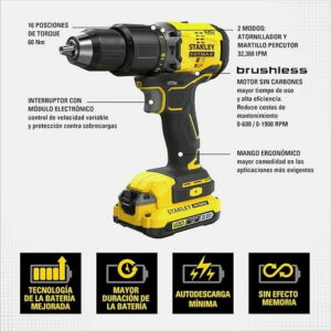 01 barreno taladro stanley 20V brushless combo SBD715C2K