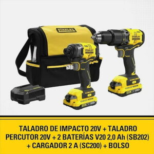02 barreno taladro y atornillador de impacto stanley 20V brushless combo SBDI461D2S-B3
