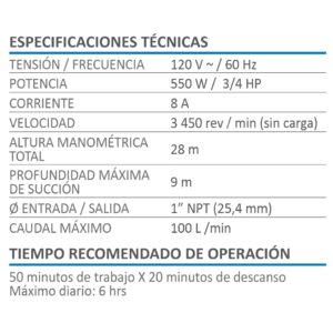 Bomba de Agua AKSI 1HP 120V Centrifuga Impulsor Inoxidable 103L/min 191343 alto caudal