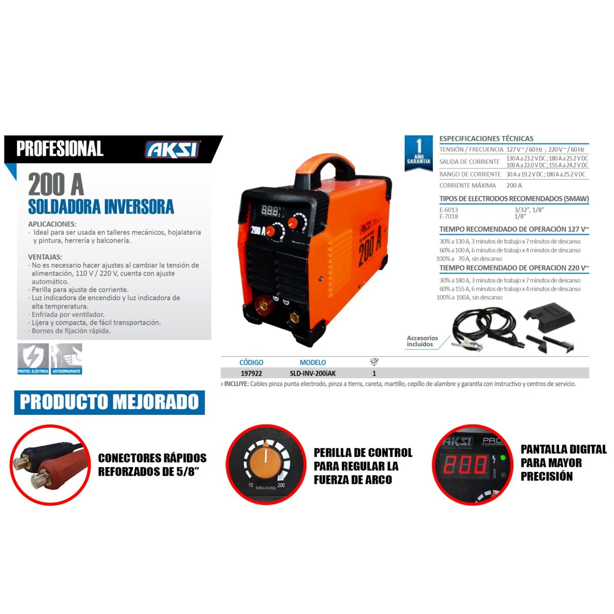 Soldadora Eléctrica AKSI Inverter 200A 120/200V 197922 5 Soldadora Eléctrica AKSI Inverter 200A 120/200V 197922 - Imagen 5