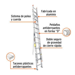 01 escalera truper extensión extension extensible extendible 24 pies aluminio tipo 2 II 175Kg ESE-224+FC2 16759