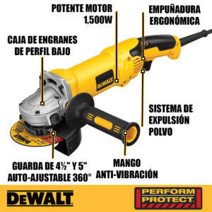 01 Pulidora amoladora dewalt de 1500w de 4-1-2 y 5 pulgadas dwe4315-b3 con dust ejection extraccion de polvo