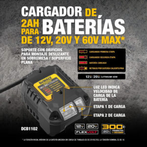 05 Cargador de Bateria DEWALT 2ah 12V 20V dcb1102 compatible con flexvolt