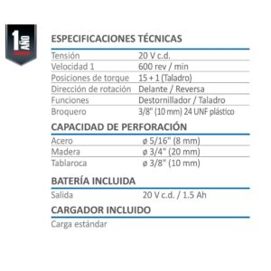 barreno taladro atornillador aksi inalambrico 20v 2ah switch 196003