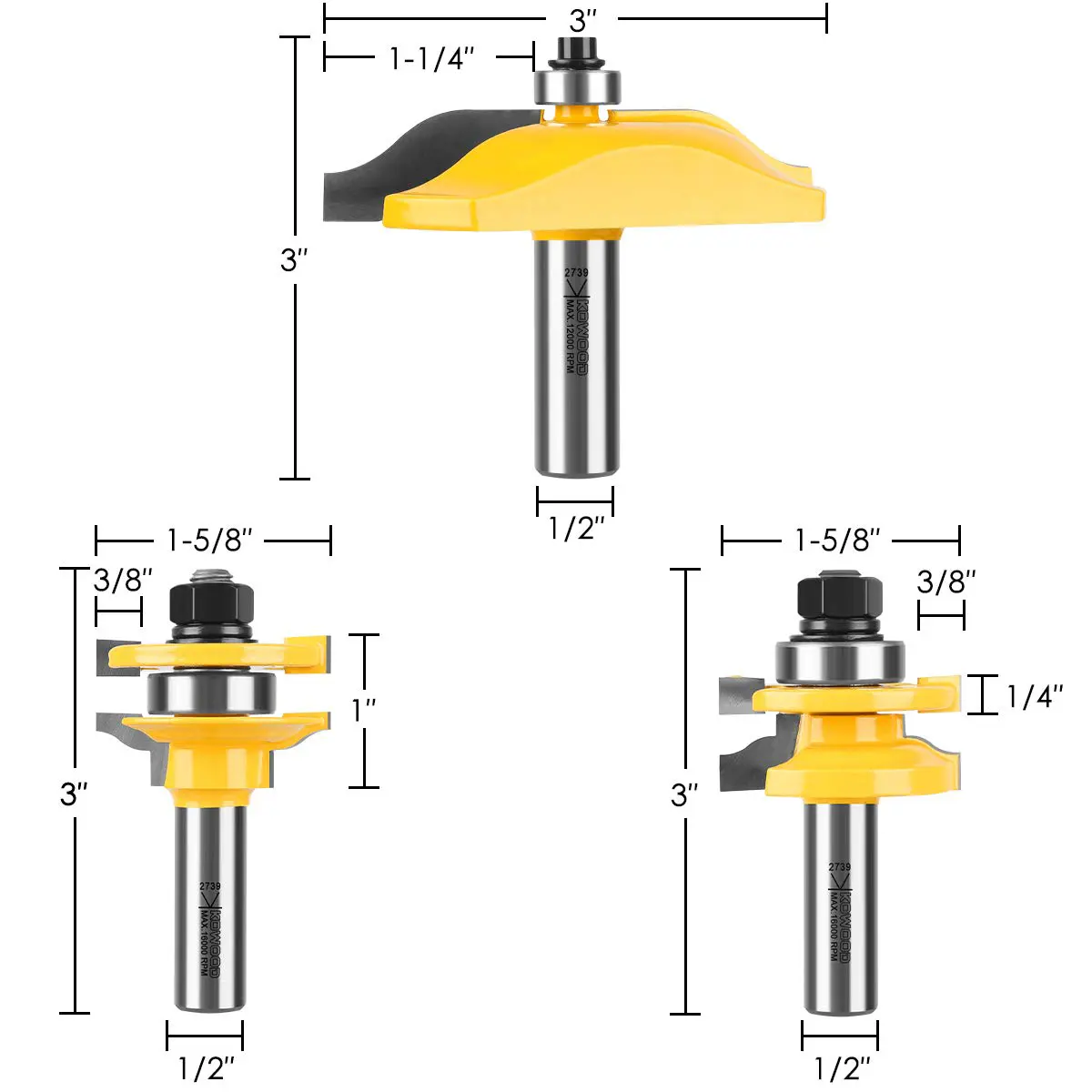 Juego de Cuchillas para Router para Fabricar Puertas KOWOOD Raíz 1/2" 3 Piezas 5 03 juego de cuchillas para router para fabricar puertas hacer puerta panel y union 3 piezas x3 kowood