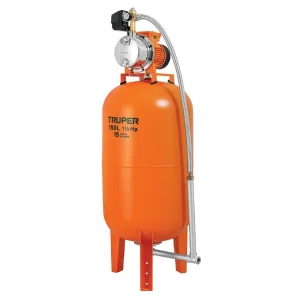 Bomba con Tanque Hidroneumático TRUPER de 150L vertical, bomba hidroneumática, TRUPER hidroneumática, bomba Jet, bomba de agua, bomba presurizadora 150L, equipo hidroneumático doméstico, presión constante de agua, flujo de agua estable, riego y purificación, Guatemala, Ferromaya