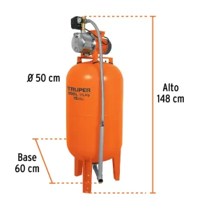 Bomba con Tanque Hidroneumático TRUPER de 150L vertical, bomba hidroneumática, TRUPER hidroneumática, bomba Jet, bomba de agua, bomba presurizadora 150L, equipo hidroneumático doméstico, presión constante de agua, flujo de agua estable, riego y purificación, Guatemala, Ferromaya