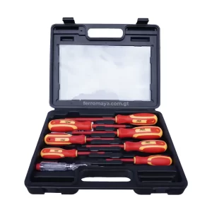 Juego de Desarmadores Dieléctricos AKSI 7 piezas 114111 con Probador de Voltaje 1000V, desarmadores dieléctricos, juego de desarmadores aislados, desarmadores eléctricos 1000V, kit de desarmadores para electricistas, YATO, STANLEY, AKSI, desarmadores aislantes, desarmadores seguridad eléctrica, Ferromaya, Guatemala