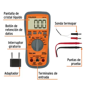 Multímetro Profesional TRUPER 100362 con Auto Rango, NCV y Sonda Termopar, multímetro profesional, multímetro digital, multímetro con auto rango, medidor de voltaje, tester eléctrico, multímetro con sonda de temperatura, multímetro portátil, Guatemala, Ferromaya