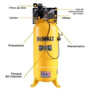 Compresor de aire DeWalt 60 galones Vertical 175 PSI Alto flujo 230V DXCM602, compresor de aire, compresor dewalt, compresor 60 galones, compresor industrial, compresor vertical, DeWalt DXCM602, compresor 175 psi, compresor lubricado con aceite, herramientas neumáticas, Ferromaya, Guatemala