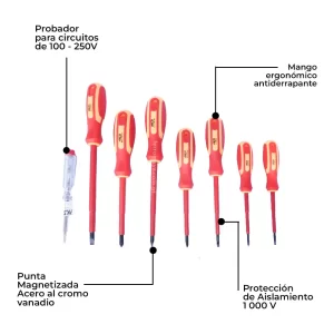 Juego de Desarmadores Dieléctricos AKSI 7 piezas 114111 con Probador de Voltaje 1000V, desarmadores dieléctricos, juego de desarmadores aislados, desarmadores eléctricos 1000V, kit de desarmadores para electricistas, YATO, STANLEY, AKSI, desarmadores aislantes, desarmadores seguridad eléctrica, Ferromaya, Guatemala