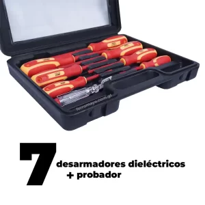 Juego de Desarmadores Dieléctricos AKSI 7 piezas 114111 con Probador de Voltaje 1000V, desarmadores dieléctricos, juego de desarmadores aislados, desarmadores eléctricos 1000V, kit de desarmadores para electricistas, YATO, STANLEY, AKSI, desarmadores aislantes, desarmadores seguridad eléctrica, Ferromaya, Guatemala