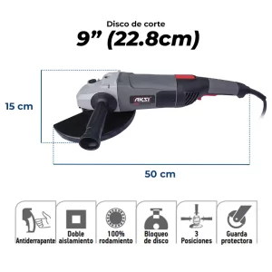 Esmeriladora Angular AKSI 9″ 2600 W 190326, esmeriladora 9 pulgadas, esmeriladora industrial, esmeriladora angular, pulidora industrial, pulidora angular, corte de metal, esmeriladora AKSI, desbaste industrial, pulido industrial, esmeriladora 2600 w, esmeriladora angular precio Guatemala