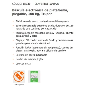 05 Báscula Balanza Plataforma Plegable TRUPER 100 kg 220 Lbs – Electrónica, Recargable, Doble Display 15729 precio guatemala