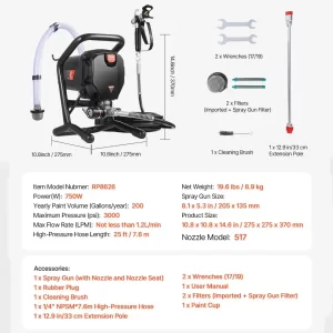 05 Maquina para Pintar Airless VEVOR Rociador 750W 3000PSI 1.2LPM RP8626 pulverizadora rociadora sprayer rociador de pintura guatemala