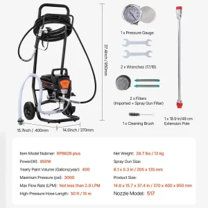 05 Pulverizador de Pintura Airless VEVOR 950W Tipo Carrito 950W 3000PSI 2LPM RP8628 Plus rociador rociadora pulverizadora maquina para pintar guatemala tipo carrito paint sprayer