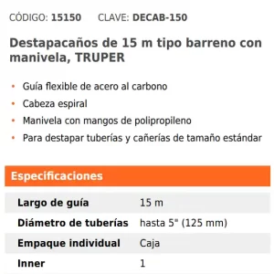 06 destapador de drenaje de cable 15 metros 15m 50 pies truper 15150 guatemala quetzaltenango destapador de drenajes destapa caño destapacaño