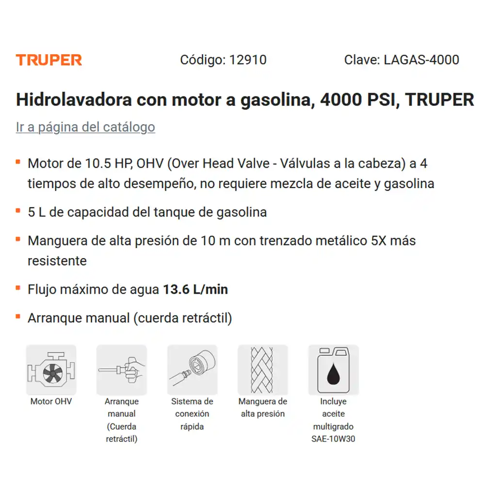 Hidrolavadora Industrial TRIPLEX TRUPER a Gasolina 10.5HP 4,000PSI 12910 de Uso Intensivo 5 Hidrolavadora Industrial TRIPLEX TRUPER a Gasolina 10.5HP 4,000PSI 12910 de Uso Intensivo - Imagen 5