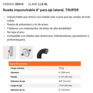 04 Llanta para Trocket Solida TRUPER Poliuretano 8 Lateral Doble Cojinete 45910 rueda troquet llantas ruedas guatemala ferromaya quetzaltenango