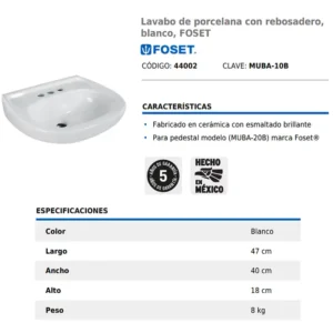 05 Lavamanos Cerámico FOSET Blanco con Rebosadero 40cm x 47cm 44002 compatible con Pedestal ceramico guatemala lavabo de porcelana