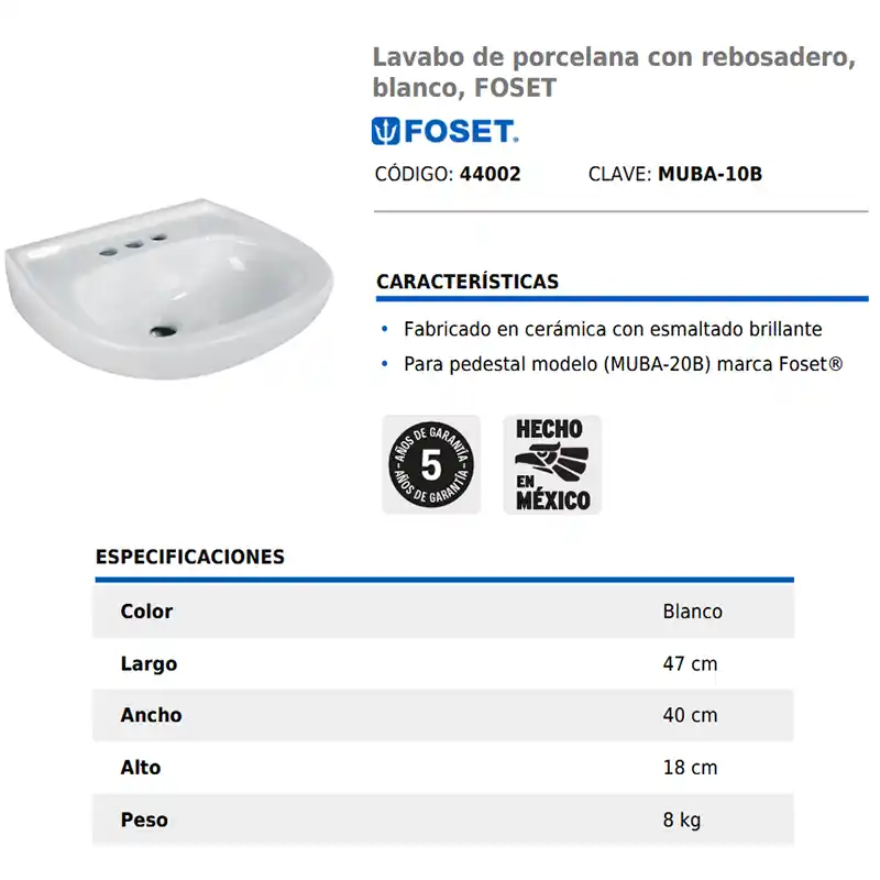 Lavamanos Cerámico FOSET Blanco con Rebosadero 40cm x 47cm 44002 compatible con Pedestal 5 05 Lavamanos Cerámico FOSET Blanco con Rebosadero 40cm x 47cm 44002 compatible con Pedestal ceramico guatemala lavabo de porcelana